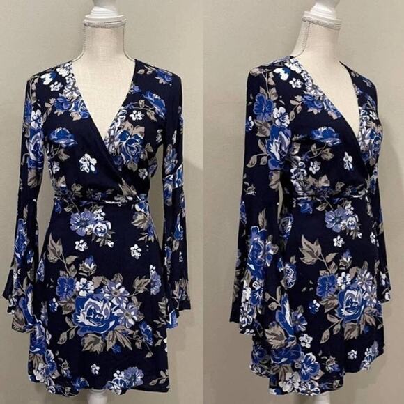 Lulus Once and Floral Navy Blue Floral Print Bell Sleeve Wrap Dress - Picture 4 of 7